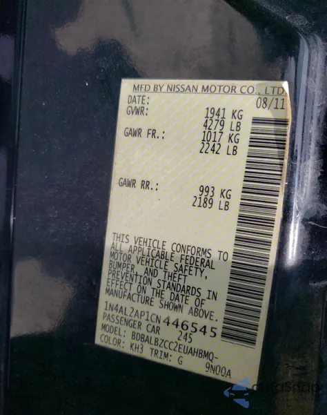 2012 Nissan Altima Base z USA, uszkodzony, nr VIN 1N4AL2AP1CN446545